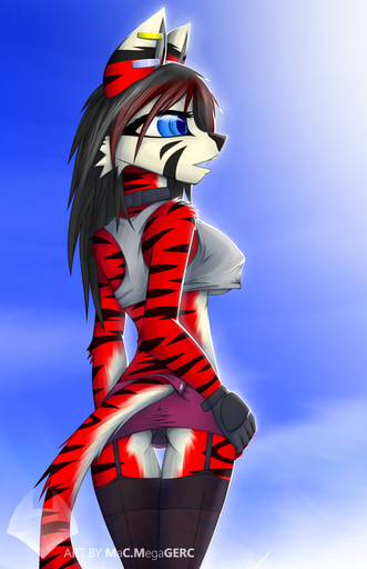 abstract_background anthro blue_eyes breasts cherry_(macmegagerc) clothed clothing ear_piercing felid female gloves handwear macmegagerc mammal nipple_outline pantherine piercing side_boob simple_background skimpy slim solo stripes thigh_gap tiger under_boob // 555x859 // 387.1KB