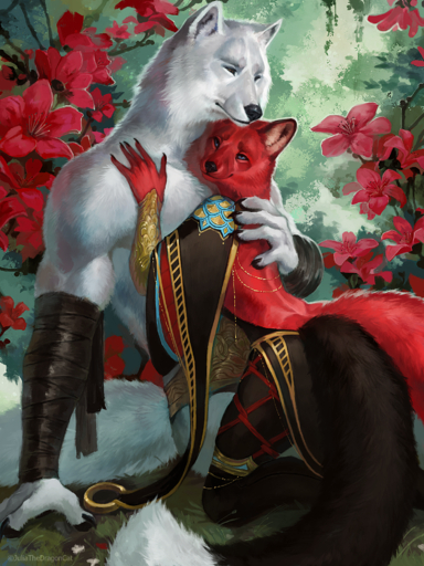 2020 3:4 5_fingers anthro black_nose blue_eyes canid canine canis clothed clothing day detailed_background digital_media_(artwork) female fingers fox fur hi_res juliathedragoncat male mammal outside red_body red_fur smile white_body white_fur wolf // 1500x2000 // 4.9MB