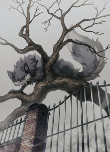 2021 ambiguous_gender black_nose canid canine claws day detailed_background digital_media_(artwork) enfield feral fur grey_body grey_fur hi_res hioshiru hioshiru_(character) hybrid looking_at_viewer mammal outside sky solo white_eyes // 1016x1400 // 1.5MB