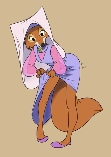 2015 anthro bent_over bottomwear brown_background canid canine clothed clothing clothing_lift dress dress_lift eyelashes female fox hi_res maid_marian mammal simple_background siroc skirt solo translucent translucent_clothing wimple // 911x1280 // 101.7KB