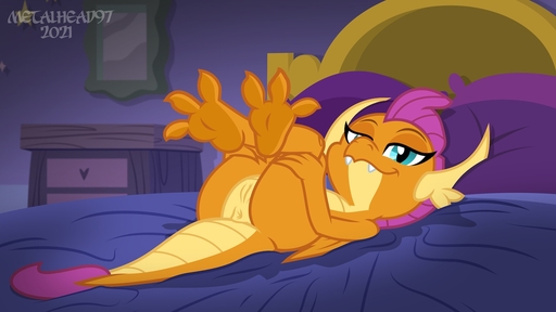 16:9 3_toes anus bed bedroom butt dragon feet female friendship_is_magic furniture genitals half-closed_eyes hasbro holding_legs_up horn metalhead97 my_little_pony narrowed_eyes pussy smile smolder_(mlp) solo teeth toes widescreen young // 1280x720 // 125.9KB