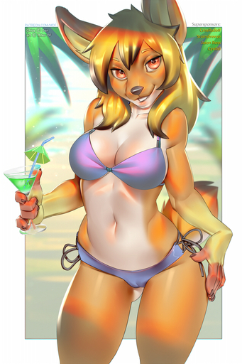 anthro bikini camel_toe canid canine clothed clothing female fox hair looking_at_viewer mammal miles_df outside skimpy solo swimwear // 633x950 // 535KB