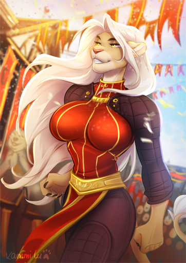 2020 5_fingers anthro breasts clothed clothing digital_media_(artwork) eyebrows eyelashes felid female fingers hair kammi-lu lion mammal pantherine smile solo white_hair // 707x1000 // 504KB