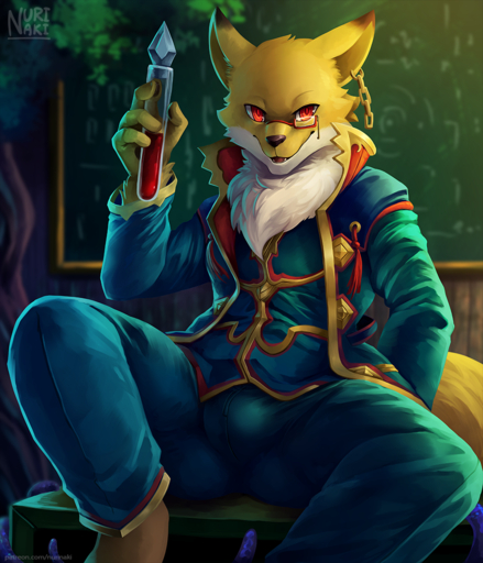 2018 anthro biped bulge canid canine clothed clothing eyewear fox fur glasses looking_at_viewer male mammal nurinaki red_eyes sitting solo spread_legs spreading tester_fox vial yellow_body yellow_fur // 900x1050 // 978.6KB