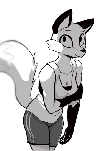 2022 anthro bottomwear breasts canid canine clothing digital_media_(artwork) enginetrap female fox fur gloves_(marking) hi_res mammal markings monochrome shirt shorts simple_background smile solo tank_top topwear white_background // 1111x1550 // 161.1KB