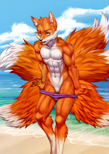 2016 abs alanscampos andromorph anthro beach biceps blue_eyes brown_body brown_fur canid canine clothed clothing clothing_pull cloud detailed_background digital_media_(artwork) fluffy fluffy_tail fox fur genitals intersex mammal multi_tail muscular muscular_andromorph muscular_anthro muscular_intersex navel nipples open_mouth outside panties panty_pull partially_clothed pecs portrait pussy sand seaside sky solo teeth three-quarter_portrait tongue topless underwear underwear_pull undressing water white_body white_fur // 777x1100 // 460.9KB