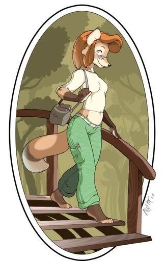 anthro barefoot biped bottomwear breasts brown_hair canid canine clothed clothing descending eyewear feet female fox fur glasses hair kayte mammal midriff miles_df pants shirt small_breasts snout solo stairs tan_body tan_fur topwear // 507x800 // 52KB