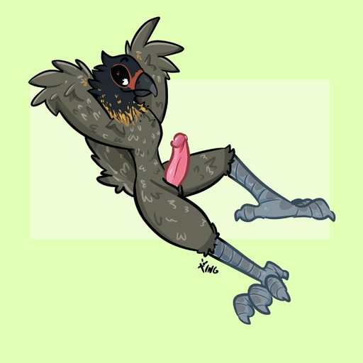 absurd_res anthro avian bedroom_eyes bird black_body black_feathers brown_body brown_feathers chest_tuft elbow_tufts erection falcon falconid feathers genitals green_background half-closed_eyes hi_res humanoid_genitalia humanoid_penis inviting looking_at_viewer lying male narrowed_eyes nude on_back penis seductive simple_background slit smile smirk smug smug_face solo stripes the_xing1 tuft yellow_stripes // 3000x3000 // 279.6KB