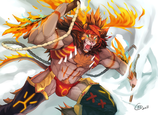 angry anthro asian_clothing bandanna bulge clothed clothing east_asian_clothing facial_markings felid fire fundoshi green_eyes head_markings japanese_clothing kerchief lion male mammal markings midriff muscular muscular_anthro muscular_male navel null-ghost open_mouth pantherine sharp_teeth simple_background skimpy smoke solo stick tattoo teeth underwear // 1500x1100 // 1.1MB