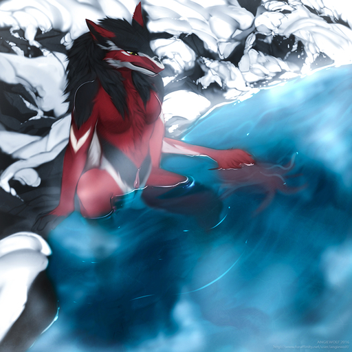 1:1 angiewolf anthro black_hair felid female fur genitals hair mammal partially_submerged pussy red_body red_fur sergal snow solo water yellow_eyes // 900x900 // 462.5KB