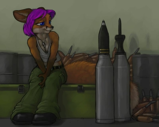 5:4 ammo_fetish ammunition anthro aspiration big_toys blue_eyes breasts canid canine cleavage clothed clothing dog_tags female fox geena_gonorah hair ipoke it'll_never_fit lol_comments mammal military purple_hair seductive shell_(projectile) smile solo unprofessional_behavior // 800x640 // 37.4KB