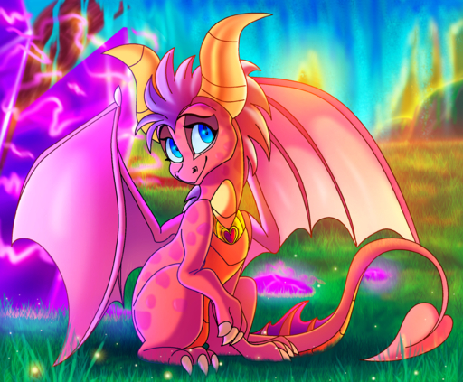 2019 activision claws day detailed_background digital_media_(artwork) dragon ember_(spyro) female feral grass hair hi_res horn membrane_(anatomy) membranous_wings outside pink_hair plaguedogs123 plant scalie sitting smile solo spyro_the_dragon video_games western_dragon wings // 2660x2196 // 5.1MB