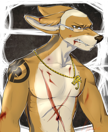 anthro blood bodily_fluids canid canine eyewear fangs glasses grungecandy james_(the-jackal) jewelry male mammal necklace nude scar solo tattoo teeth // 660x806 // 552.1KB