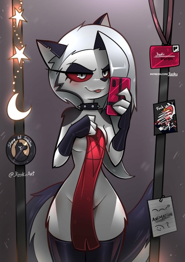 2022 absurd_res anthro black_body black_fur blep blush breasts canid canid_demon demon english_text female fur grey_hair hair hellhound hi_res jizoku looking_at_viewer loona_(helluva_boss) mammal red_sclera selfie solo text tongue tongue_out white_body white_eyes white_fur // 2896x4096 // 668.2KB