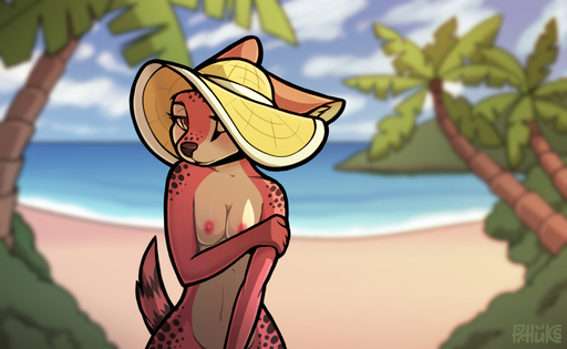 2019 anthro beach black_spots breasts canid clothing cloud day detailed_background digital_media_(artwork) female front_view fur hand_on_arm hat headgear headwear looking_at_viewer mammal nipples nude one_eye_obstructed orange_body orange_eyes orange_fur outside palm_tree phluks plant romantic romantic_ambiance sea seaside shy sky solo spots straw_hat tree water // 1219x749 // 423.1KB