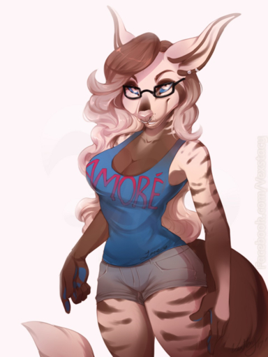 2017 3:4 5_fingers anthro blue_eyes bottomwear breasts canid canine cleavage clothed clothing ear_piercing eyebrows eyewear female fingers glasses hair hi_res looking_at_viewer mammal piercing pink_nose shorts simple_background smile solo vexstacy white_background wide_hips // 960x1280 // 775KB