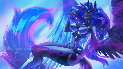 16:9 2021 5_fingers alanscampos anthro armor blue_eyes blue_hair breasts cosmic_hair cutie_mark digital_media_(artwork) equid equine ethereal_hair feathered_wings feathers female fingers hair hi_res horn horse long_hair mammal navel princess_luna_(mlp) smile solo text url watermark widescreen winged_unicorn wings // 2000x1125 // 604.1KB