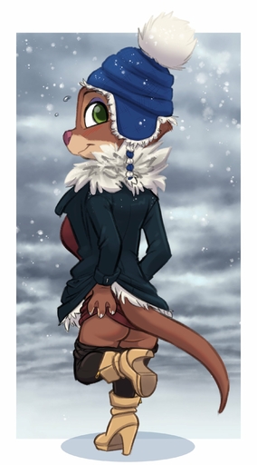 2022 absurd_res anthro blush boots bottomless brown_body brown_fur butt clothed clothing female footwear fur green_eyes hi_res high_heeled_boots high_heels legwear lutrine mammal mrs._otterton mustelid siroc smile smiling_at_viewer snow solo thigh_highs // 1580x2848 // 317.3KB