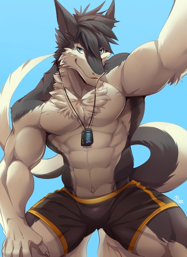 abs anthro armor belt biceps big_muscles biped black_body black_fur blue_eyes bottomwear bulge claws clothed clothing discordnight fur hi_res looking_at_viewer male muscular muscular_anthro muscular_male outside pants pecs rabbity sergal sitting smile solo toe_claws topless white_body white_fur // 1500x2062 // 511.7KB