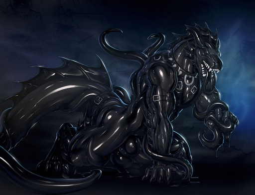 back_tentacles black_eyes claws collar dark_theme dragon fangs frill_(anatomy) genitals hi_res horn long_tail male membrane_(anatomy) membranous_frill muscular muscular_male penis rakisha rubber slime solo tentacles thick_tail // 1600x1222 // 396.0KB