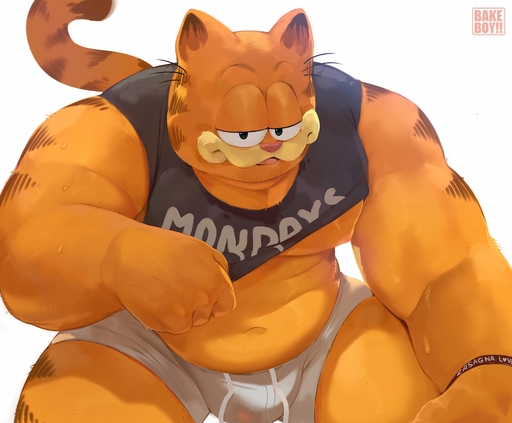 2021 absurd_res anthro bakemonoy barazoku belly big_belly big_bulge bodily_fluids bulge clothed clothing domestic_cat english_text felid feline felis garfield_the_cat hi_res looking_at_viewer love_handles male mammal moobs musclegut muscular muscular_anthro muscular_male narrowed_eyes navel nipples overweight overweight_anthro overweight_male raised_clothing raised_shirt raised_tank_top raised_topwear shirt simple_background solo sweat tank_top text text_on_clothing text_on_shirt text_on_tank_top text_on_topwear topwear underwear undressing watermark white_background wristband // 3659x3023 // 512.1KB