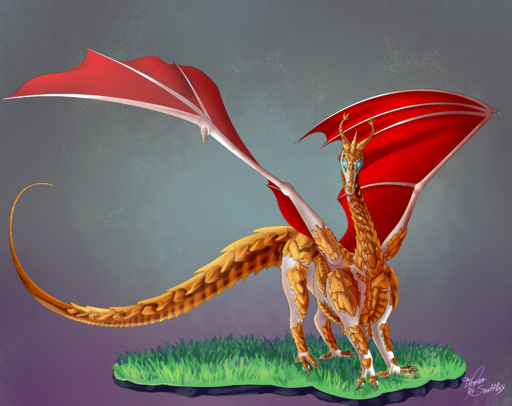 2019 absurd_res ambiguous_gender demonfromsnuffbox digital_media_(artwork) dragon feral grass hi_res horn membrane_(anatomy) membranous_wings plant scales solo standing wings // 5800x4600 // 22MB