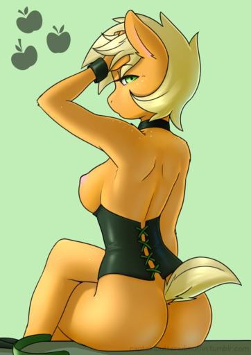 2017 absurd_res anthro anthrofied applejack_(mlp) biped breasts butt clothing corset crossed_legs earth_pony equid equine female freckles friendship_is_magic hair hasbro hi_res horse lingerie looking_at_viewer looking_back mammal my_little_pony nipples pony pudgeruffian rear_view sitting solo topwear // 3150x4455 // 4.3MB