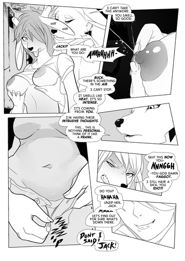 anthro areola bodily_fluids breasts canid canine cervid comic corablue duo english_text female gynomorph gynomorphmale hi_res human intersex intersexmale lactating male mammal monochrome nipple_fetish nipple_pinch nipple_play open_mouth pheromones pinch text unzipped // 868x1228 // 359.6KB