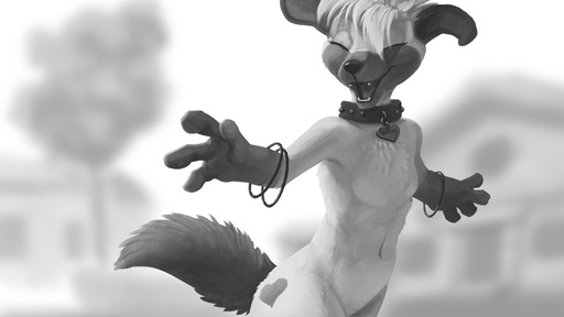 16:9 2019 anthro blurred_background bracelet breasts building canid canine canis chest_tuft collar domestic_dog eyes_closed featureless_breasts featureless_crotch female fur gloves_(marking) greyscale head_tuft house ipoke jewelry mammal markings monochrome navel open_mouth open_smile outside plant sasha_(housepets!) sky smile solo tree tuft webcomic webcomic_character widescreen // 960x540 // 297.6KB