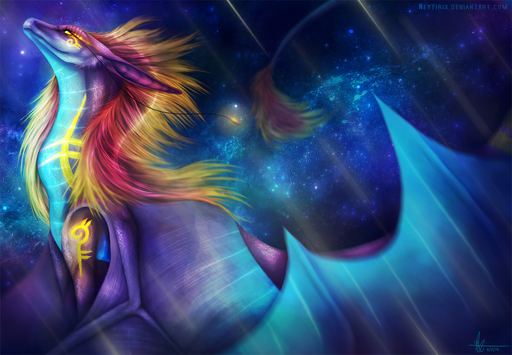 2014 blonde_hair dragon feral hair membrane_(anatomy) membranous_wings neytirix night outside red_hair sky solo star starry_sky wings yellow_eyes // 1598x1109 // 1.0MB