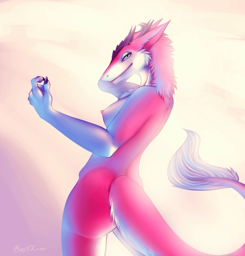 2011 anthro biped breasts chest_tuft claws female fur green_eyes hair hi_res horn krysune looking_at_viewer mammal nipples nude pink_body pink_fur pink_hair rafflone sergal smile solo standing tuft white_body white_fur // 1226x1280 // 103.8KB