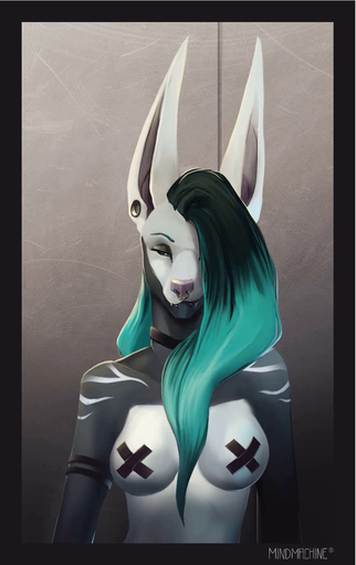 2016 2d_animation animated anthro black_body black_fur blue_eyes border breasts canid canine canis clothed clothing collar ear_piercing facial_piercing female fur glowing glowing_eyes hair half-length_portrait hi_res jackal jacktor lip_piercing long_ears long_hair looking_at_viewer loop mammal mindmachine motion_tweening no_sound nose_piercing piercing portrait rela short_playtime signature skimpy solo standing teal_hair webm white_body white_fur // 869x1380, 6.5s // 1.9MB