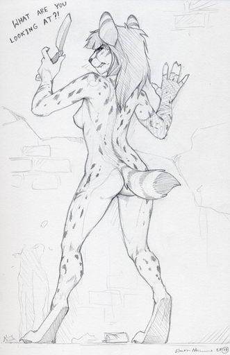 2013 ?! anthro black_and_white black_nose breasts butt canid canine canis claws detailed_background english_text female fur hair knife long_hair looking_at_viewer looking_back mammal melee_weapon monochrome nipples nude outside paws razor side_boob simple_background sketch solo spots spotted_body spotted_fur text tools traditional_media_(artwork) weapon whiskers white_background wolf wolfy-nail // 452x700 // 133.0KB