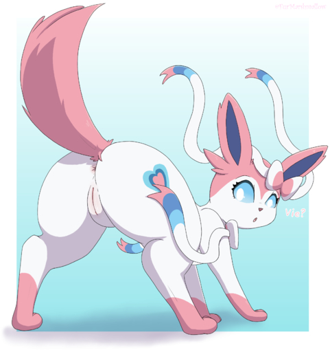 anus artmarshmallow eeveelution female feral genitals hi_res humanoid_genitalia humanoid_pussy looking_at_viewer looking_back looking_back_at_viewer mammal pokemon_(species) pussy quadruped raised_tail rear_view simple_background solo sylveon text video_games // 1785x1902 // 747.7KB