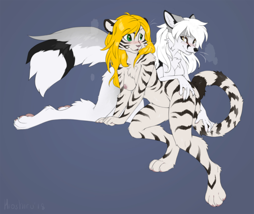 2018 4_toes 5_fingers anthro blonde_hair breasts canid canine digital_media_(artwork) digitigrade duo feet felid female femalefemale fingers fox fur green_eyes hair hioshiru mammal nipples nude pantherine simple_background striped_body striped_fur stripes tiger toes white_hair yellow_eyes // 1280x1081 // 651KB