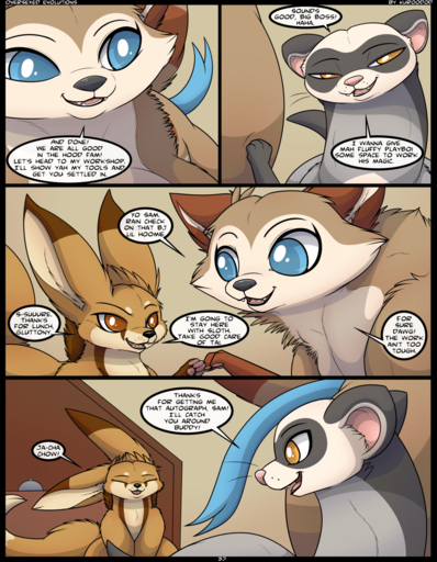 2020 brown_body brown_fur canid canine comic dialogue domestic_ferret english_text fennec feral fox fur gluttony_(changing_fates) group hi_res kuroodod male mammal mustela mustelid musteline raccoon_dog sam_(changing_fates) size_difference speech_bubble tai_(changing_fates) tanuki text true_musteline vulpes // 996x1280 // 843.9KB