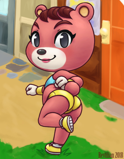 2018 absurd_res animal_crossing anthro biped black_eyes black_nose blue_clothing blue_topwear bottomwear bra butt butt_focus cheri_(animal_crossing) clothed clothing collaboration color_edit colored digital_drawing_(artwork) digital_media_(artwork) door edit eyelashes female fist flat_chested footwear full-length_portrait furgonomics gloves grass handwear hi_res jogging lipstick looking_at_viewer looking_back makeup mammal midriff multicolored_body muzzle_(marking) nintendo on_one_leg outside pink_lipstick plant portrait raised_leg rear_view red_body red_tail revtilian running shoes short_tail shorts slightly_chubby smile solo sports_bra sr standing sweatband tail_button_bottoms tail_clothing thick_thighs topwear two_tone_body underwear ursid video_games white_body yellow_bottomwear yellow_clothing // 3500x4500 // 7.2MB