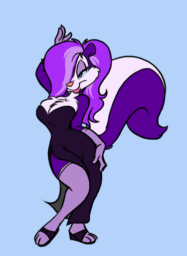 aged_up anthro bedroom_eyes blue_sclera breasts cleavage clothed clothing dress eric_schwartz female fifi_la_fume hair legwear lips mammal mephitid narrowed_eyes purple_hair seductive simple_background skunk solo thigh_highs tiny_toon_adventures warner_brothers wide_hips // 584x797 // 119.8KB
