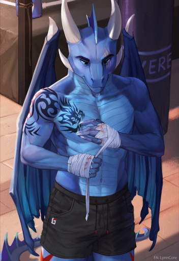 5_fingers abs anthro blue_body blue_eyes bottomwear bulge claws clothed clothing detailed_background digital_media_(artwork) dragon fingers hi_res horn lynncore male membrane_(anatomy) membranous_wings navel scalie serratus shorts solo standing topless western_dragon wings // 880x1280 // 1.4MB
