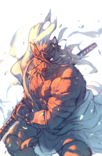 abs accessory anthro armor athletic bandage belt biceps big_muscles brown_body brown_fur canid canine canis clothing fangs fur gauntlets gloves handwear headband hi_res katana looking_at_viewer male mammal melee_weapon morihiko muscular muscular_anthro muscular_male null-ghost open_mouth pecs red_eyes robe scar simple_background solo sword teeth warrior weapon white_background wolf // 880x1345 // 686.5KB