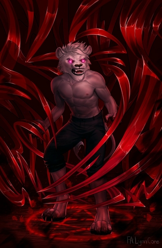 2018 4_toes 5_fingers abs anthro clothed clothing digital_media_(artwork) feet felid fingers fur hair hi_res lion lynncore male mammal open_mouth pantherine solo teeth toes tongue topless white_body white_fur white_hair // 837x1280 // 196.9KB