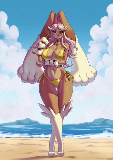 2021 absurd_res alanscampos anthro arm_under_breasts beach big_breasts bikini black_sclera breasts brown_body brown_eyes brown_fur choker clothing cloud eyelashes female fur hi_res jewelry looking_at_viewer lopunny navel necklace nipple_outline one_eye_closed outside pokemon_(species) sand seaside side-tie_bikini smile smiling_at_viewer solo swimwear thigh_gap video_games yellow_bikini yellow_clothing yellow_swimwear // 2480x3508 // 1.3MB