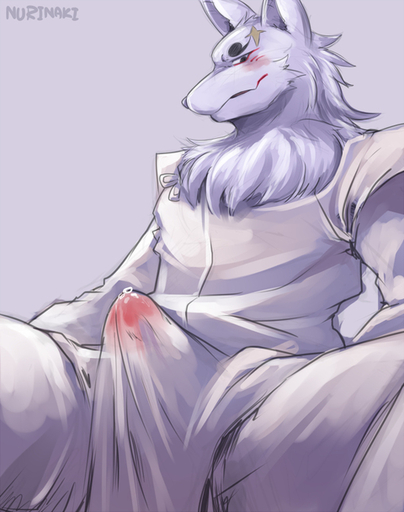 anthro bodily_fluids canid canine clothed clothing erection erection_under_clothing fox genital_fluids genitals gintaro looking_at_viewer male mammal nurinaki penis precum precum_through_clothing simple_background smile solo wet wet_clothing // 480x608 // 166.2KB