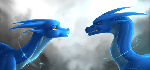2019 amber_eyes blue_body blue_skin digital_media_(artwork) dragon duo feral hi_res horn purple_eyes teeth wrappedvi // 2304x1077 // 1.6MB