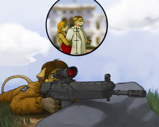 5:4 acog_scope anthro assassin assault_rifle blonde_hair brown_hair clothed clothing cloud day detailed_background digital_media_(artwork) dress felid female grass green_eyes group gun hair imminent_death ipoke lol_comments lying male mammal on_front outside plant ranged_weapon rifle rock romantic romantic_couple scope sky sniper sniper_rifle solo_focus ssg-36 suit target weapon // 1000x800 // 320.8KB