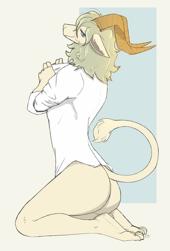 2021 absurd_res anthro beastars blue_eyes bottomless bovid butt caprine clothed clothing dall_sheep fur hair hi_res horn kneeling looking_back male mammal pina_(beastars) securipun sheep simple_background smile solo white_body white_fur white_hair // 1700x2500 // 192.9KB