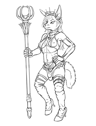 anthro armband armor beads belt boots bottomwear buckles cane canid canine clothing collar crown dress endora_(lord_magicpants) endora_(magickalslave) female footwear fox gloves hair handwear hi_res high_heels ink jewelry loincloth lord_magicpants mammal monochrome necklace nipples shoes simple_background staff white_background // 1222x1600 // 164.0KB
