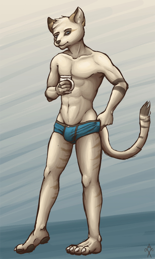 3:5 4_toes 5_fingers abs anthro athletic athletic_anthro athletic_male barefoot beverage biped blue_eyes boy_shorts brown_body brown_fur bulge claws clothed clothing coffee_mug container cup digital_media_(artwork) feet felid feline felis fingers fur glopossum holding_cup holding_object junip looking_at_viewer male mammal sand_cat skimpy solo standing stripes tea toes topless underwear // 600x1000 // 410.7KB