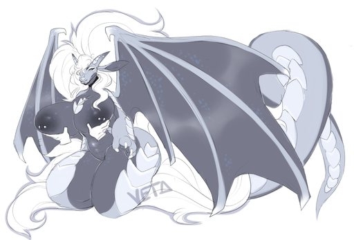 anthro big_breasts breasts curvaceous curvy_figure disembodied_hand dragon duo featureless_crotch female hair horn huge_breasts kneeling nipple_piercing nipples piercing solo_focus thick_thighs vetarix voluptuous wings // 1000x678 // 388.3KB