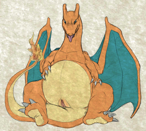 belly charizard dragon female feral fire flaming_tail genitals membrane_(anatomy) membranous_wings nintendo pokemon pokemon_(species) pussy python13rp scalie simple_background slightly_chubby smile solo teeth video_games western_dragon wings yaroul // 1044x939 // 1.0MB